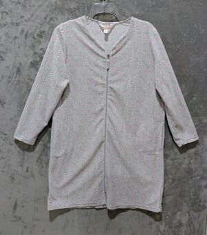 Stan Herman Zip Front Chenille Floral Robe Women's Large Gray Lounge Cozy EUC